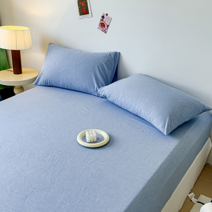 91家纺网 家纺一手货源 找家纺 2025新款全棉色织水洗棉床单床笠 天蓝 床笠款