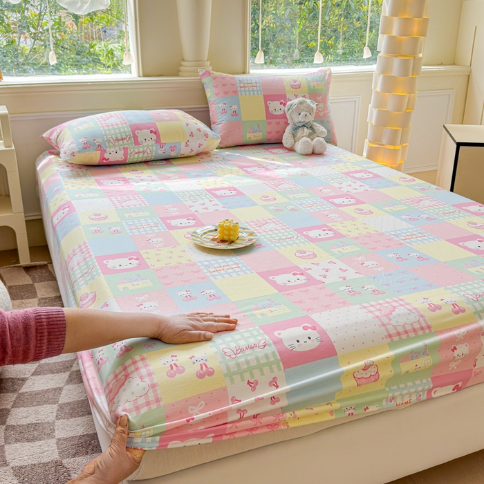 91家纺网 家纺一手货源 找家纺 2025新款全棉床单床笠 格子猫咪 床笠款