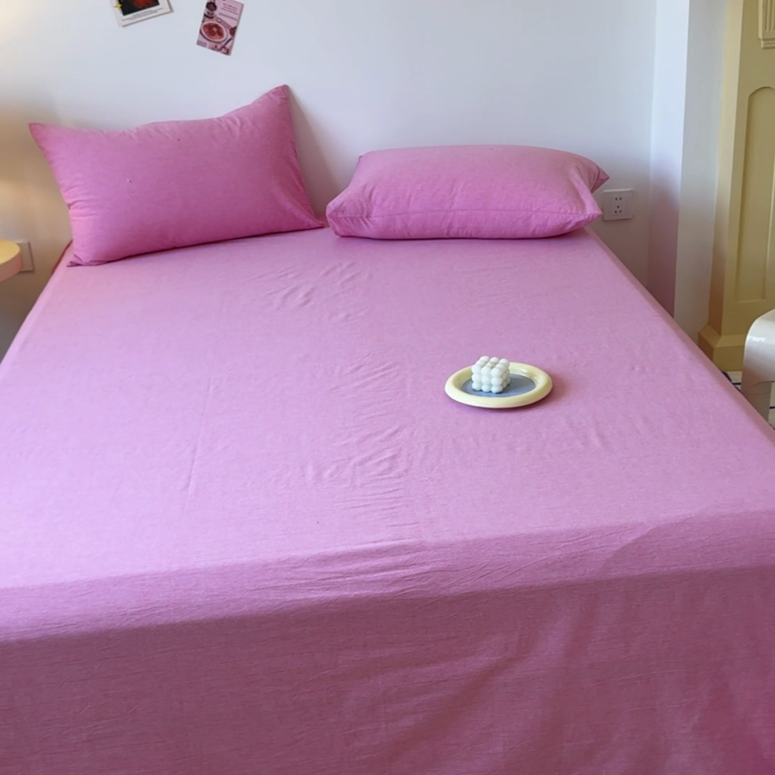 91家纺网 家纺一手货源 找家纺 2025新款全棉色织水洗棉床单床笠 玫红 床单款