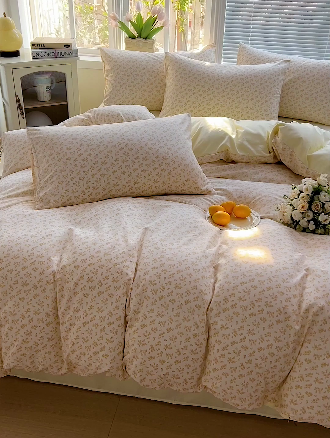 91家纺网 家纺一手货源 找家纺 2025水洗棉双层纱简约风ins风小碎花被套床单款床笠款三四件套-单被套 浅香