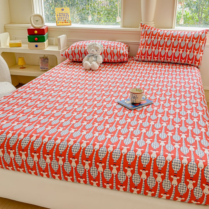 91家纺网 家纺一手货源 找家纺 2025新款全棉床单床笠 长颈鹿 床笠款