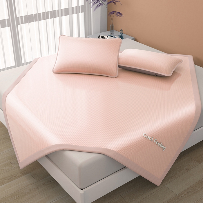 91家纺网 家纺一手货源 找家纺 2025新款云母冰川凉席床笠 云母冰川-粉（条席）