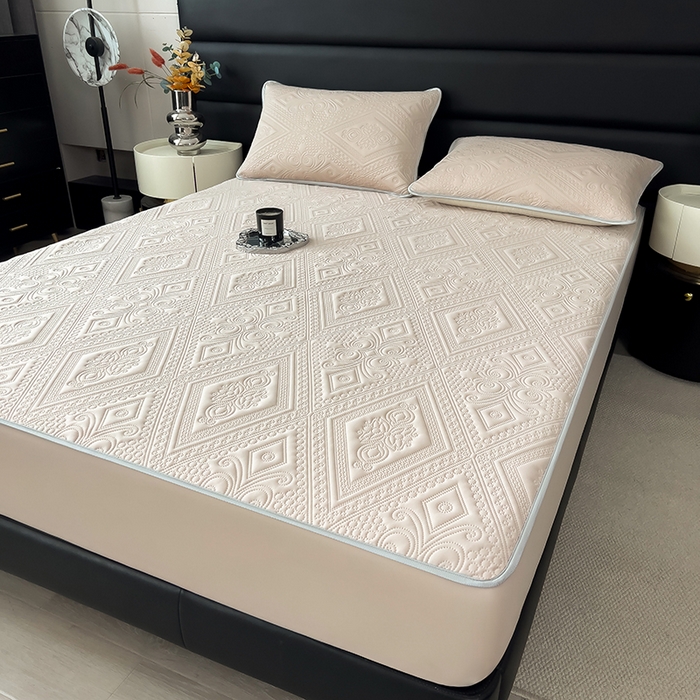 91家纺网 家纺一手货源 找家纺 世纪绒品 2025新款A类凉感压花单床笠单夏被 甜梦卡其-单夏被