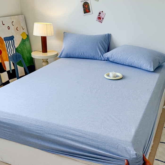 91家纺网 家纺一手货源 找家纺 2025新款全棉色织水洗棉床单床笠 天蓝 床笠款