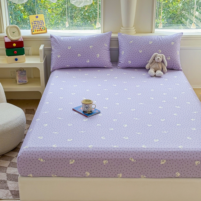 91家纺网 家纺一手货源 找家纺 2025新款全棉床单床笠 紫花猫 床笠款