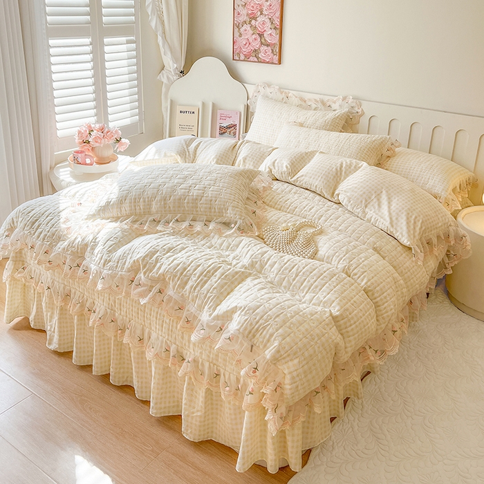 91家纺网 家纺一手货源 找家纺 网红馆 2025新款水洗棉印花床盖四件套 奶油格格