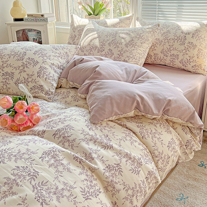 91家纺网 家纺一手货源 找家纺 2025水洗棉双层纱简约风ins风小碎花被套床单款床笠款三四件套-单被套 紫颜