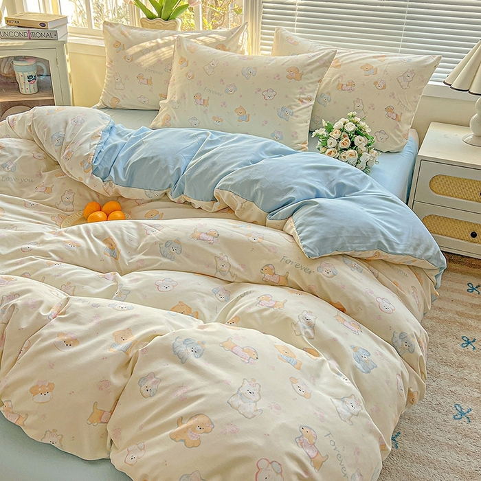 91家纺网 家纺一手货源 找家纺 2025水洗棉双层纱简约风ins风小碎花被套床单款床笠款三四件套-单被套 萌宠