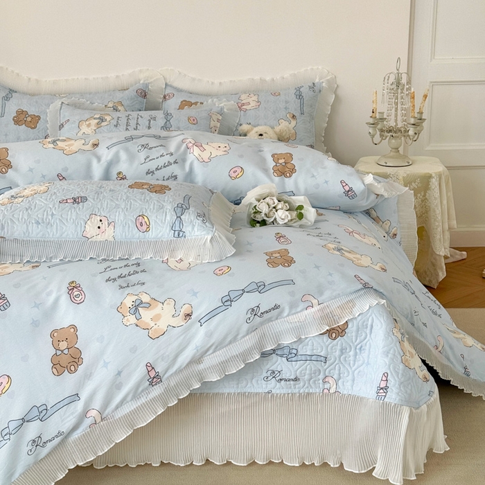 91家纺网 家纺一手货源 找家纺 添越 2024小清新韩版蕾丝花边纯棉夹棉床盖三件套全棉