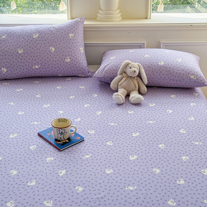 91家纺网 家纺一手货源 找家纺 2025新款全棉床单床笠 紫花猫 床单款