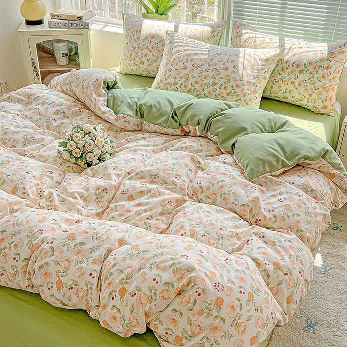 91家纺网 家纺一手货源 找家纺 2025水洗棉双层纱简约风ins风小碎花被套床单款床笠款三四件套-单被套 热恋