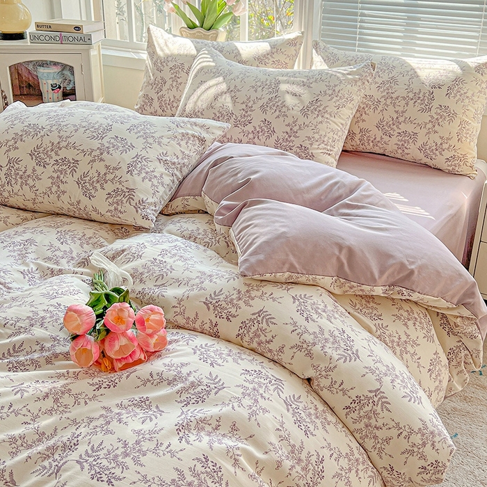 91家纺网 家纺一手货源 找家纺 2025水洗棉双层纱简约风ins风小碎花被套床单款床笠款三四件套-单被套 紫颜