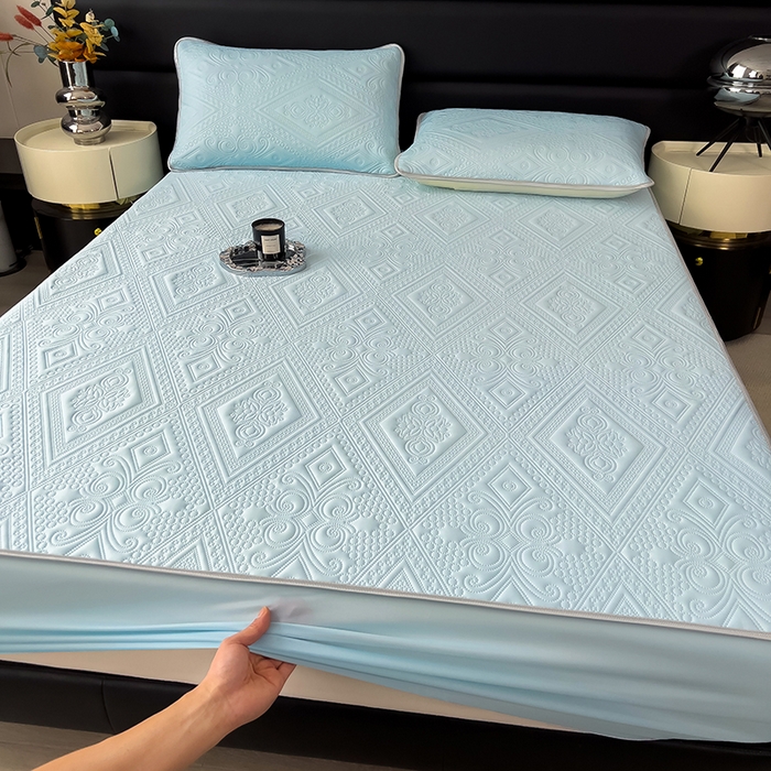 91家纺网 家纺一手货源 找家纺 世纪绒品 2025新款A类凉感压花单床笠单夏被 云朵浅蓝-单床笠