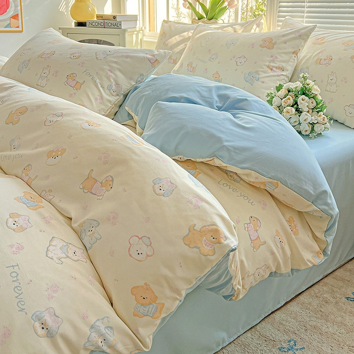 91家纺网 家纺一手货源 找家纺 2025水洗棉双层纱简约风ins风小碎花被套床单款床笠款三四件套-单被套 萌宠