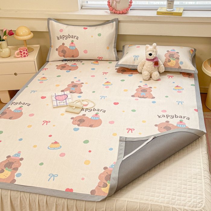 91家纺网 家纺一手货源 找家纺 慕澄家纺 2025新款小清新印花真冰藤系列凉席床席款 床席-卡皮巴拉