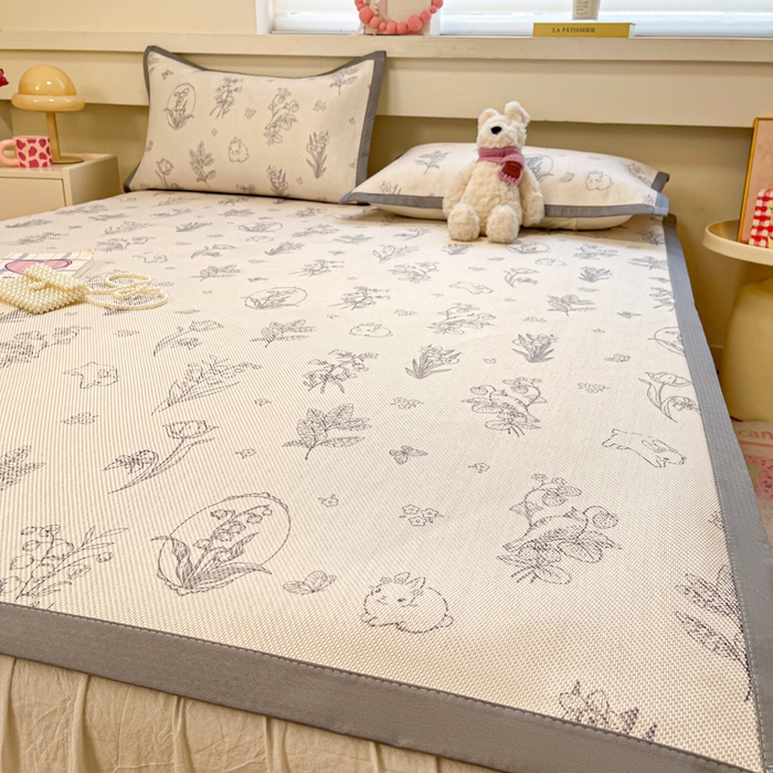 91家纺网 家纺一手货源 找家纺 慕澄家纺 2025新款小清新印花真冰藤系列凉席床席款 床席-花儿小兔