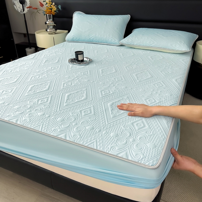 91家纺网 家纺一手货源 找家纺 世纪绒品 2025新款A类凉感压花单床笠单夏被 云朵浅蓝-单床笠