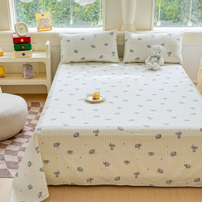 91家纺网 家纺一手货源 找家纺 2025新款全棉床单床笠 灰条小象 床单款