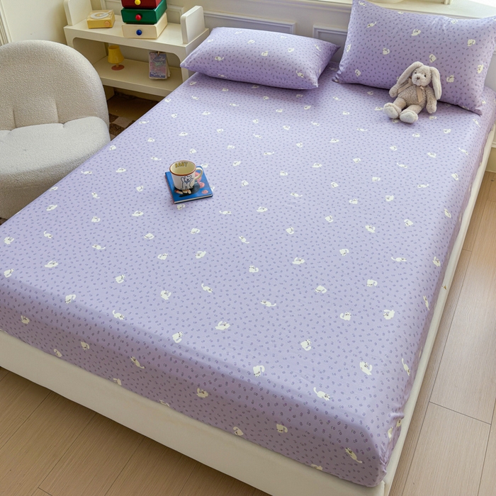 91家纺网 家纺一手货源 找家纺 2025新款全棉床单床笠 紫花猫 床笠款