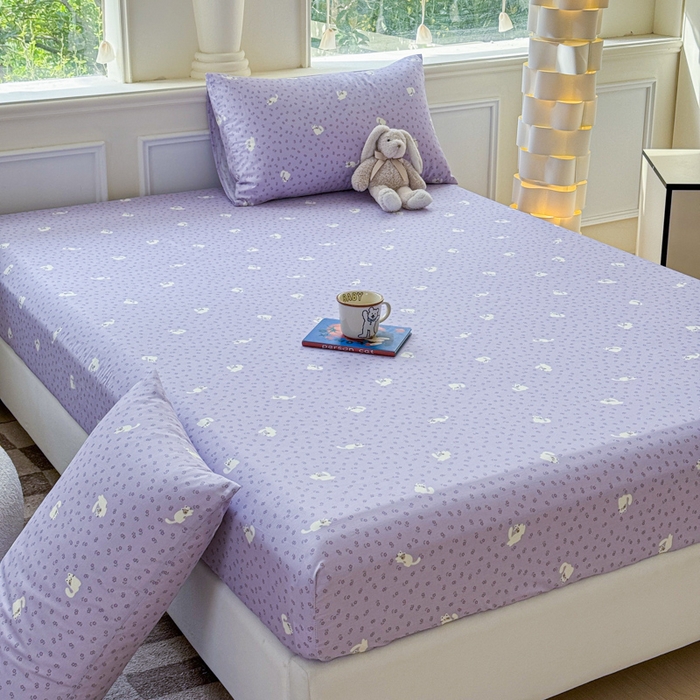 91家纺网 家纺一手货源 找家纺 2025新款全棉床单床笠 紫花猫 床笠款