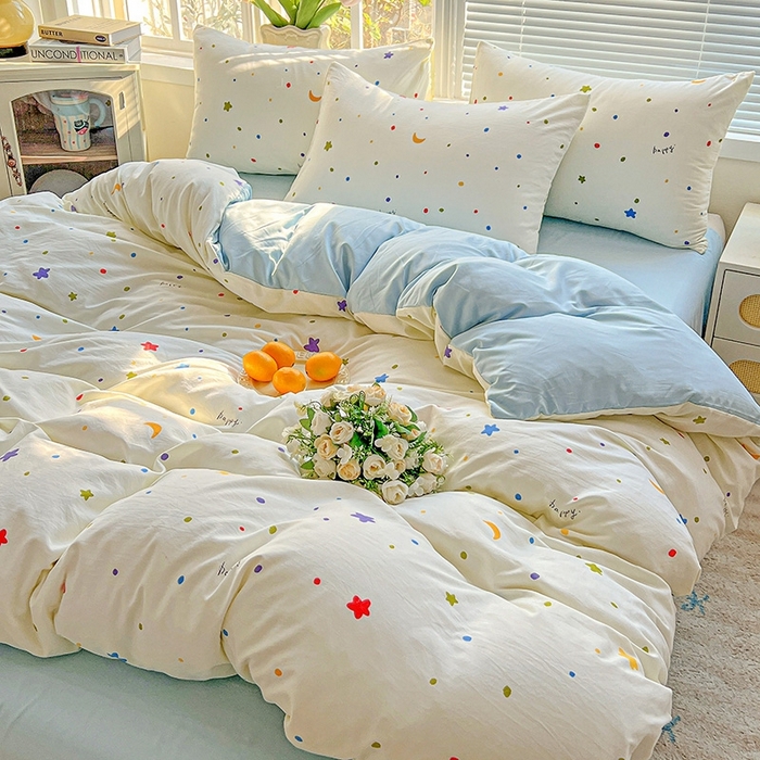 91家纺网 家纺一手货源 找家纺 2025新款水洗云朵糯糯棉简约风ins风小碎花被套床单款床笠款三四件套 星月