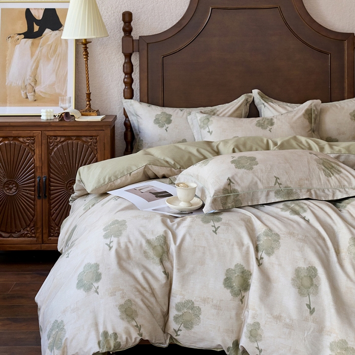 91家纺网 家纺一手货源 找家纺 由丽家纺 2025新款柔棉数码印花四件套系列 花季-绿