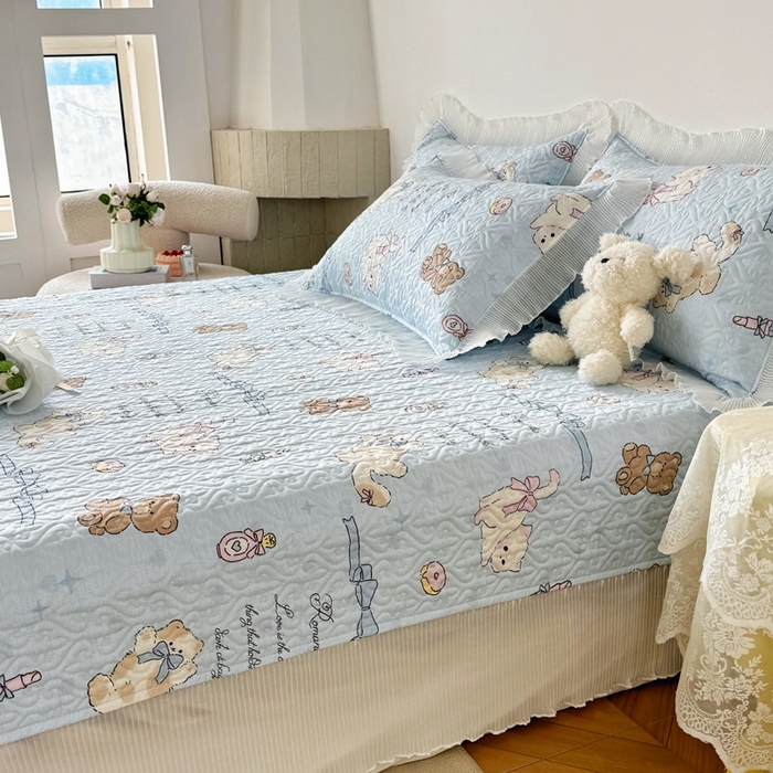 91家纺网 家纺一手货源 找家纺 添越 2024小清新韩版蕾丝花边纯棉夹棉床盖三件套全棉