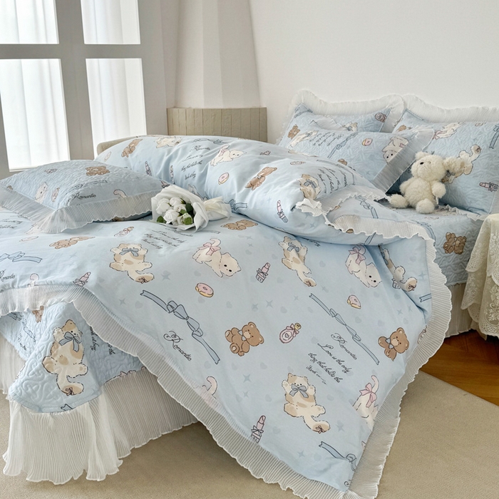 91家纺网 家纺一手货源 找家纺 添越 2024小清新韩版蕾丝花边纯棉夹棉床盖三件套全棉