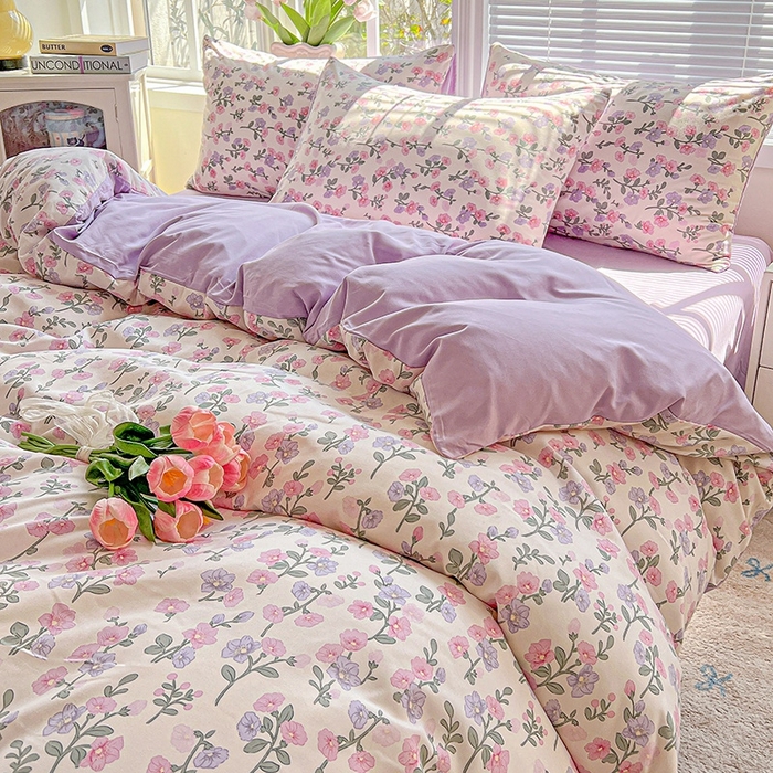 91家纺网 家纺一手货源 找家纺 2025新款水洗云朵糯糯棉简约风ins风小碎花被套床单款床笠款三四件套 花开满树