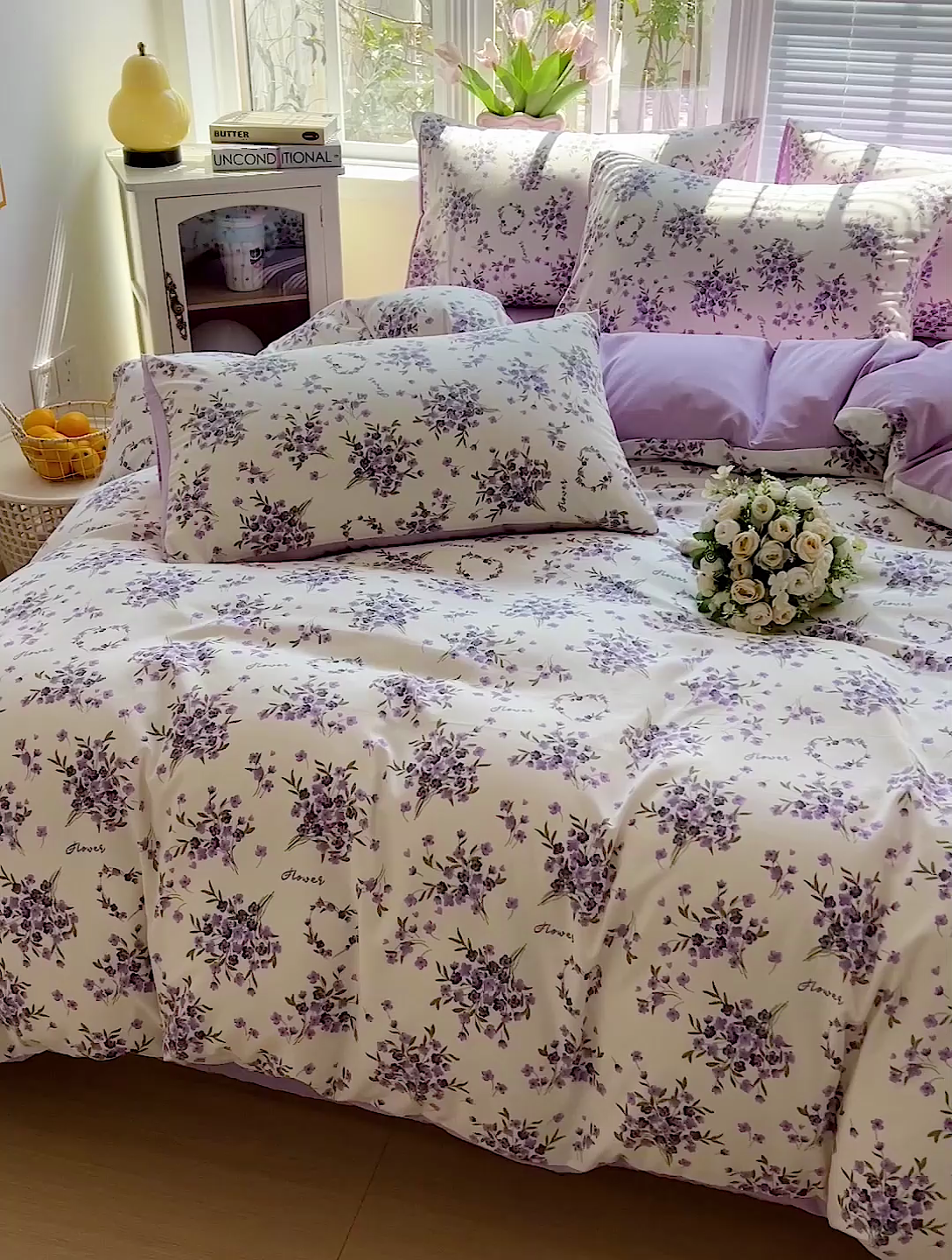 91家纺网 家纺一手货源 找家纺 2025新款水洗云朵糯糯棉简约风ins风小碎花被套床单款床笠款三四件套 薰衣草