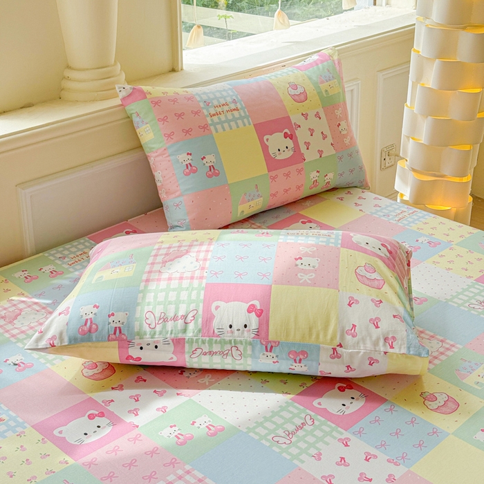 91家纺网 家纺一手货源 找家纺 2025新款全棉床单床笠 格子猫咪 床笠款