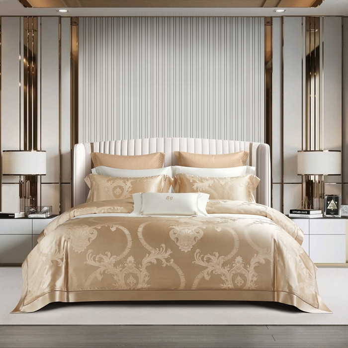 91家纺网 家纺一手货源 找家纺 赫本真丝馆（珍丝纺） 2025新款真丝提花系列四件套 卡诺尔-金