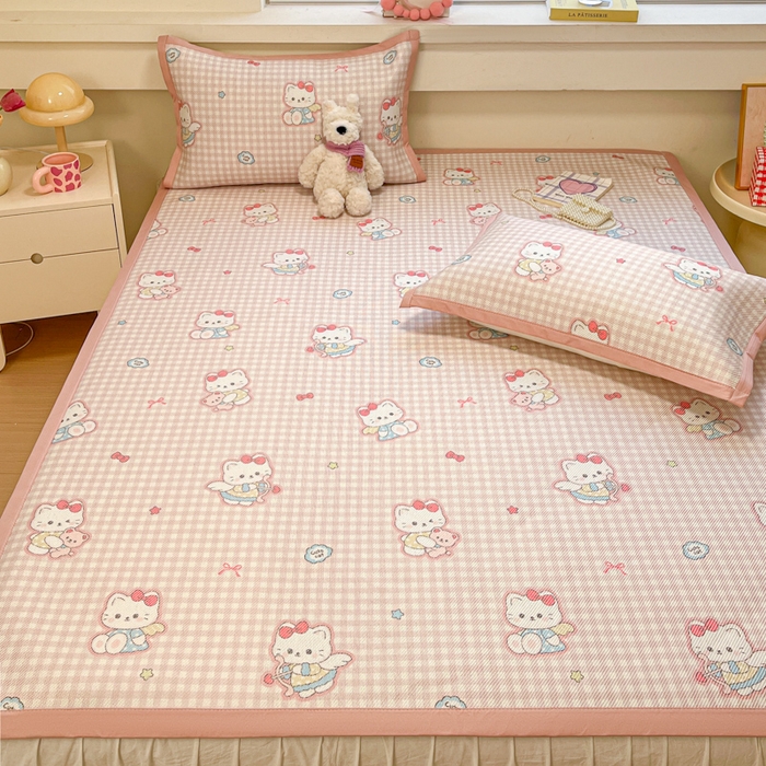 91家纺网 家纺一手货源 找家纺 慕澄家纺 2025新款小清新印花真冰藤系列凉席床席款 床席-粉格猫咪