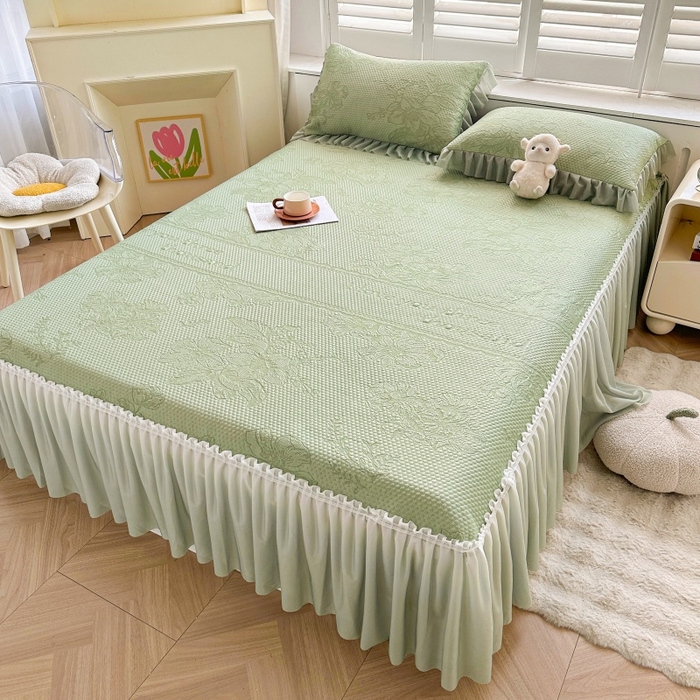 91家纺网 家纺一手货源 找家纺 2025新款冰豆豆凉感床裙凉席席子-花之恋系列冰豆豆床裙凉席-花之恋系列 花之恋-绿色