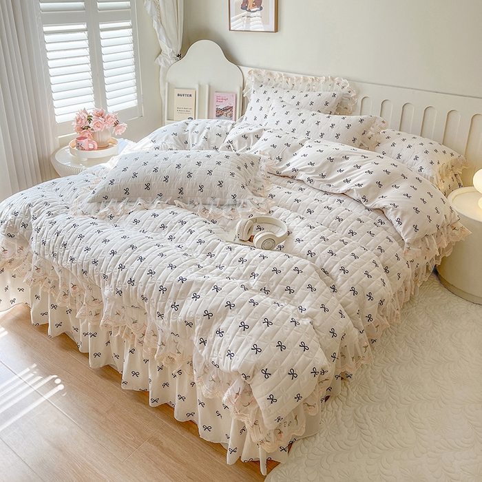 91家纺网 家纺一手货源 找家纺 网红馆 2025新款水洗棉印花床盖四件套 蝴蝶结