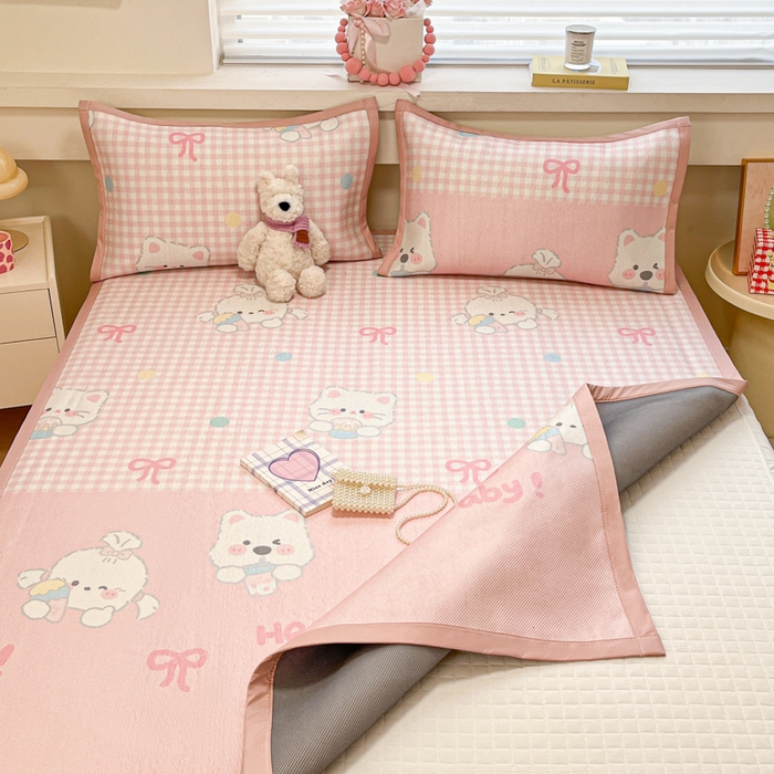 91家纺网 家纺一手货源 找家纺 慕澄家纺 2025新款小清新印花真冰藤系列凉席床席款 床席-格子奶芙芙