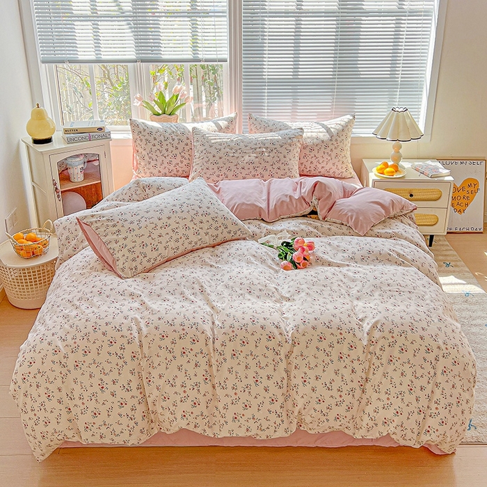 91家纺网 家纺一手货源 找家纺 2025水洗棉双层纱简约风ins风小碎花被套床单款床笠款三四件套-单被套 忘忧草