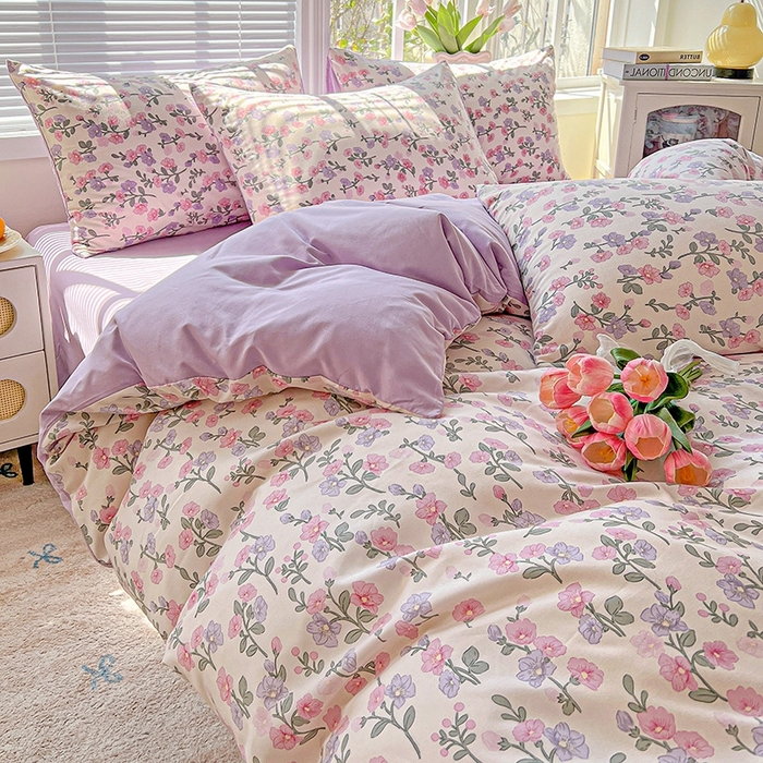 91家纺网 家纺一手货源 找家纺 2025新款水洗云朵糯糯棉简约风ins风小碎花被套床单款床笠款三四件套 花开满树