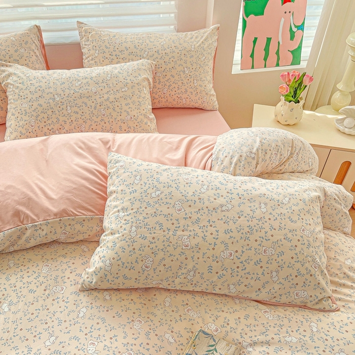 91家纺网 家纺一手货源 找家纺 2025新款水洗云朵糯糯棉简约风ins风小碎花被套床单款床笠款三四件套 花丛兔