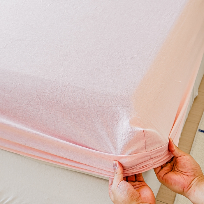 91家纺网 家纺一手货源 找家纺 2025新款全棉色织水洗棉床单床笠 嫩粉 床笠款