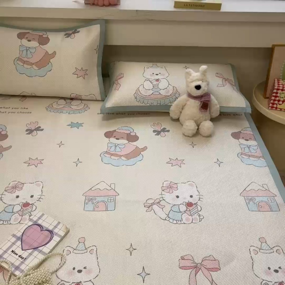 91家纺网 家纺一手货源 找家纺 慕澄家纺 2025新款小清新印花真冰藤系列凉席床席款 床席-游园会