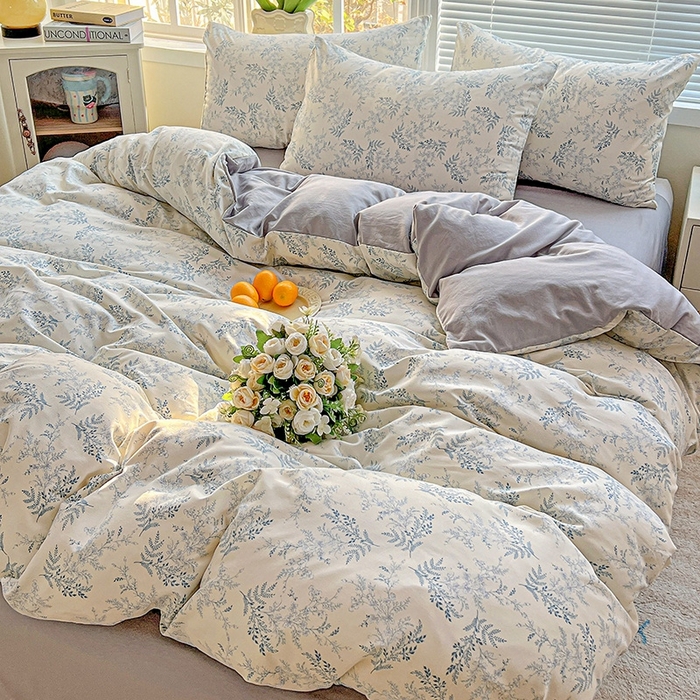 91家纺网 家纺一手货源 找家纺 2025水洗棉双层纱简约风ins风小碎花被套床单款床笠款三四件套-单被套 蓝颜