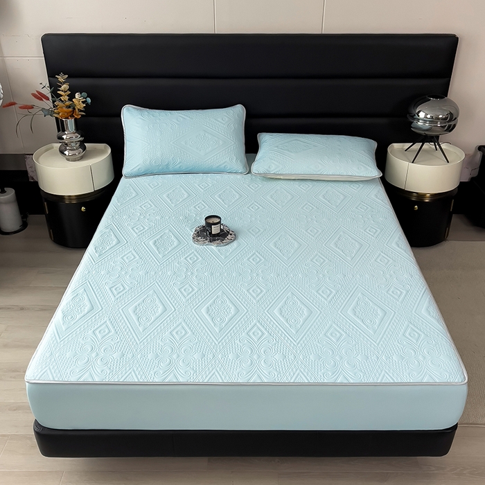 91家纺网 家纺一手货源 找家纺 世纪绒品 2025新款A类凉感压花单床笠单夏被 云朵浅蓝-单床笠