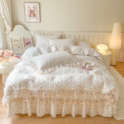网红馆 2025新款水洗棉印花床盖四件套 奶油波点