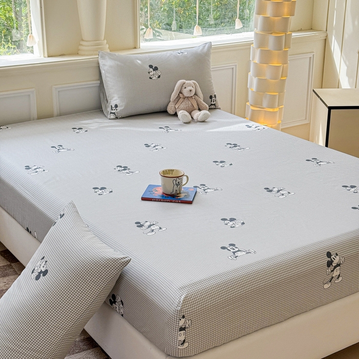 91家纺网 家纺一手货源 找家纺 2025新款全棉床单床笠 灰格米奇 床笠款