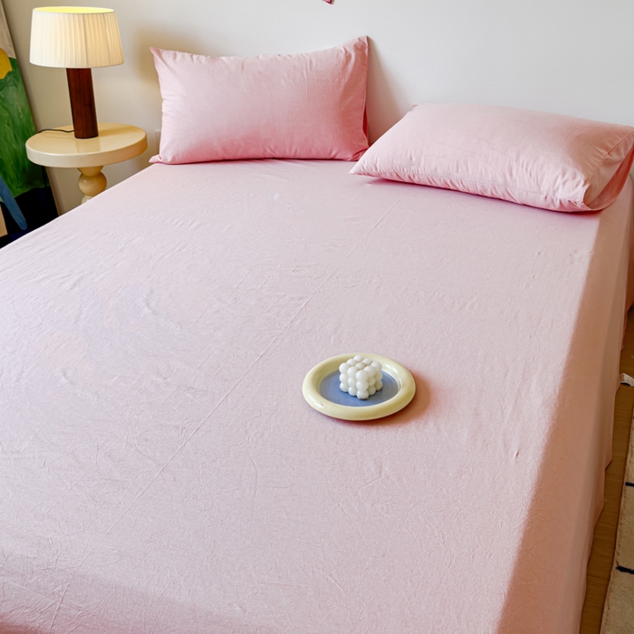 91家纺网 家纺一手货源 找家纺 2025新款全棉色织水洗棉床单床笠 嫩粉 床单款