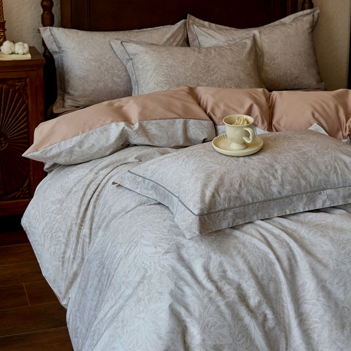 91家纺网 家纺一手货源 找家纺 由丽家纺 2025新款柔棉数码印花四件套系列 云烟-灰