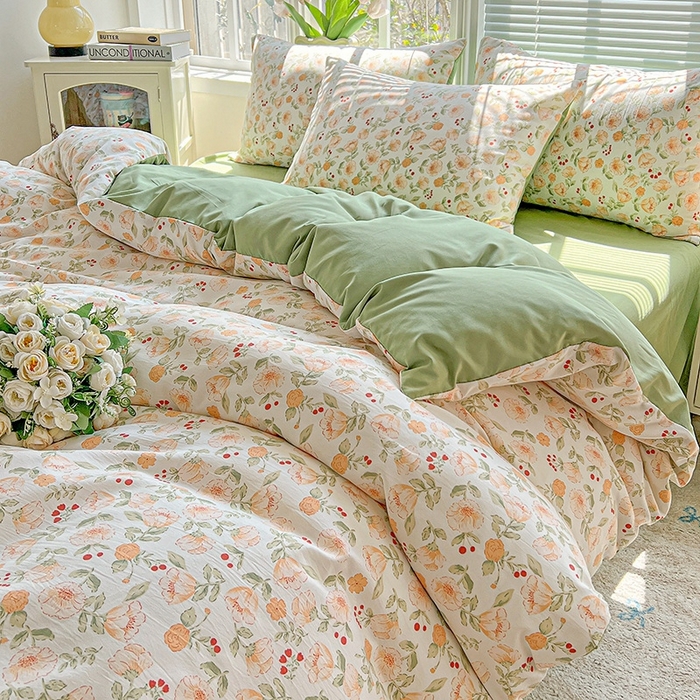 91家纺网 家纺一手货源 找家纺 2025水洗棉双层纱简约风ins风小碎花被套床单款床笠款三四件套-单被套 热恋