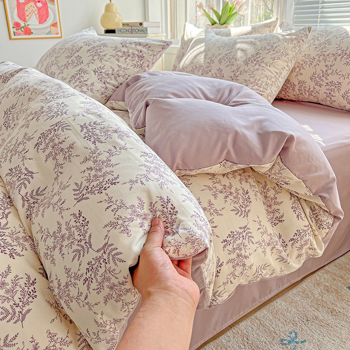 91家纺网 家纺一手货源 找家纺 2025水洗棉双层纱简约风ins风小碎花被套床单款床笠款三四件套-单被套 紫颜