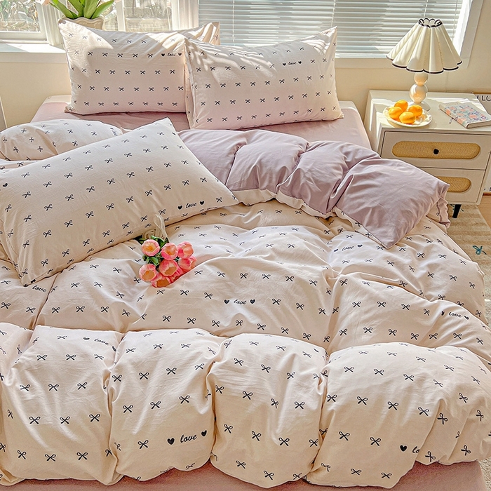 91家纺网 家纺一手货源 找家纺 2025新款水洗云朵糯糯棉简约风ins风小碎花被套床单款床笠款三四件套 蝴蝶结